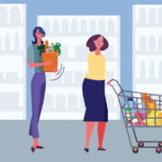 Illustration of two women shopping. One is holding a bag of groceries and the other is pushing a cart with no arms.